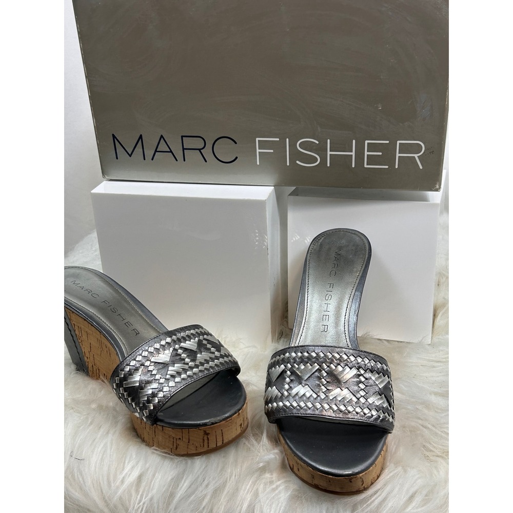 Marc Fisher Blake Wedge Sandals Womens 6.5 Pewter Excellent Woven Cork Platform